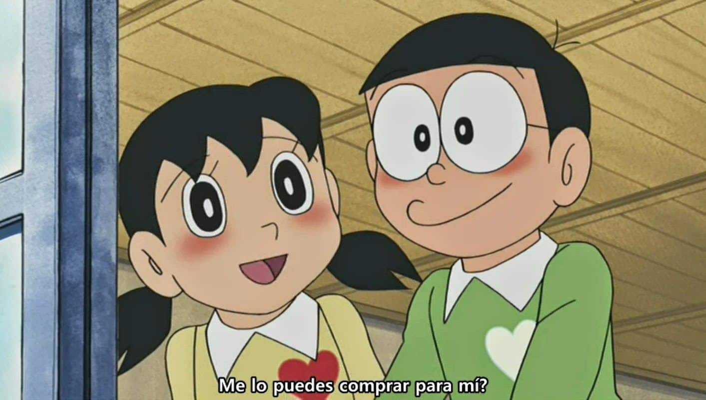 Ekspresi Nobita yang salah tingkah ketika Shizuka menatapnya dengan tatapan polos
