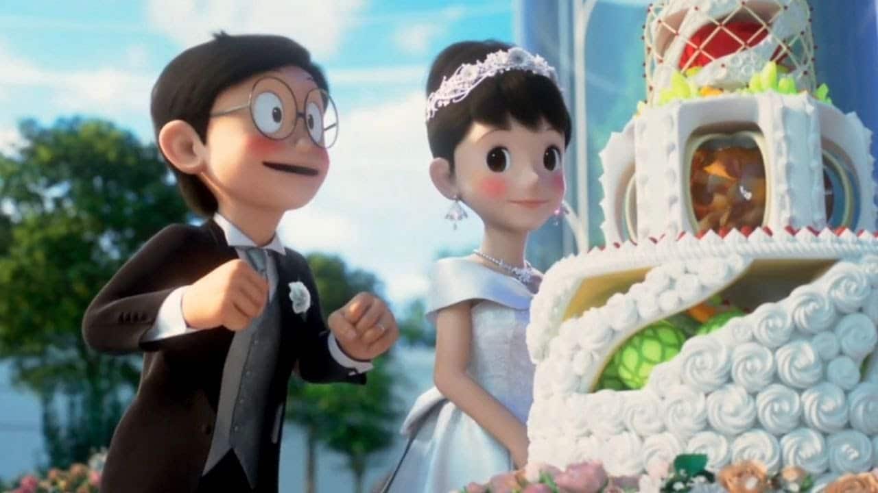 Nobita dan Shizuka tampak menawan pada hari pernikahan mereka, ekspresi keduanya tampak sangat bahagia