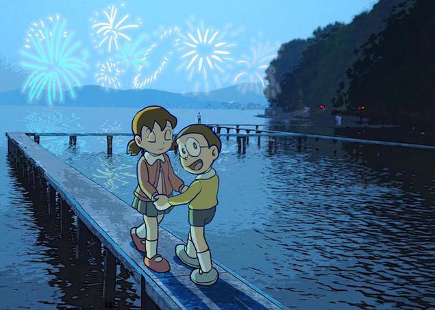 Nobita membimbing Shizuka yang berjalan sambil menutup mata di sebuah jembatan tepi laut